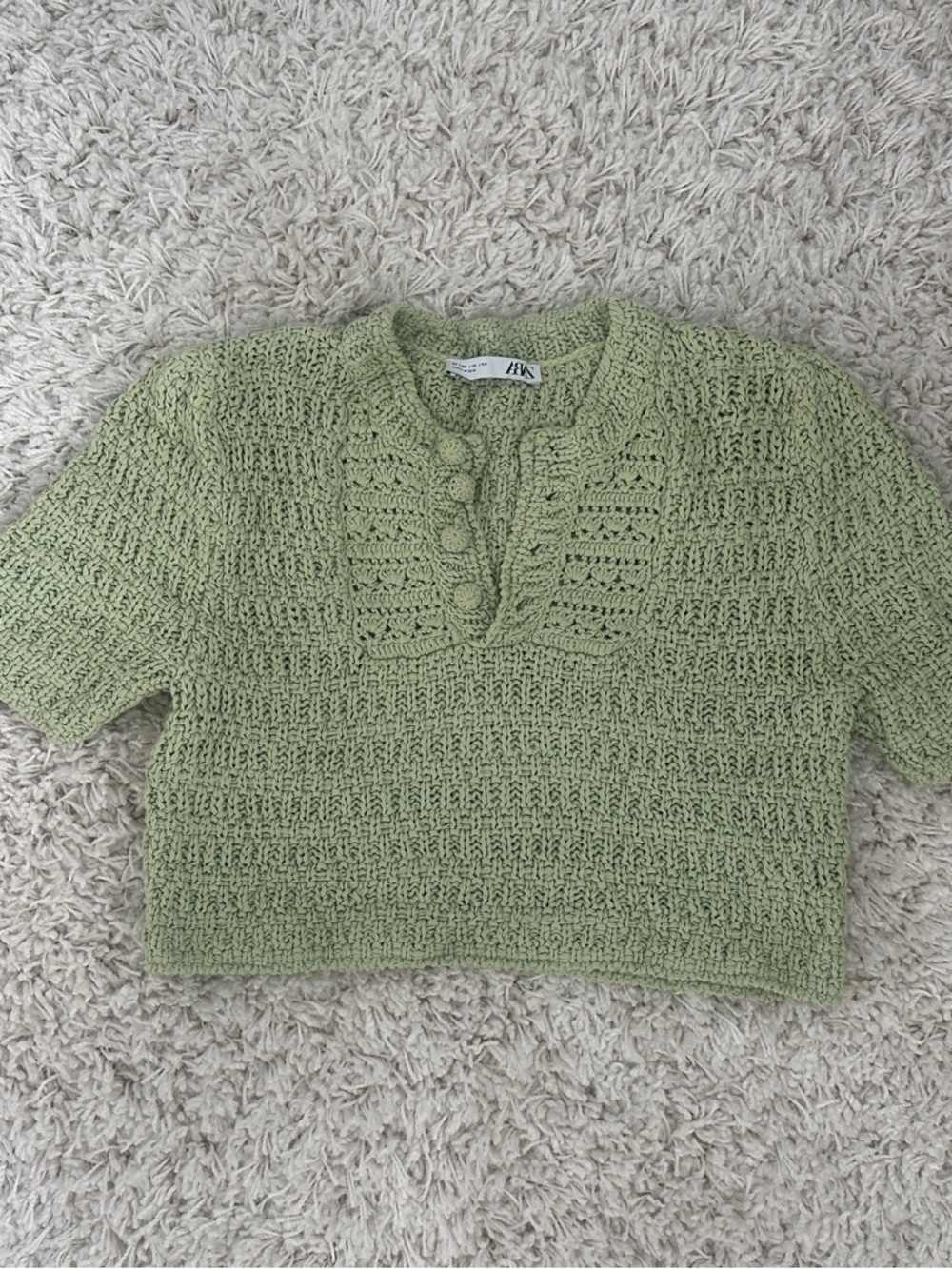 Light Green Zara Cropped Knit Top with Button Placket